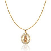 14K Gold CZ Guadalupe Charm Pendant with 0.9mm Wheat Chain Necklace