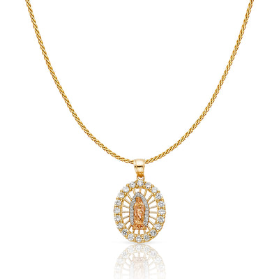 14K Gold CZ Guadalupe Charm Pendant with 0.9mm Wheat Chain Necklace
