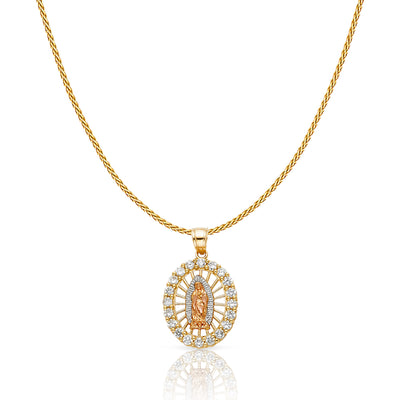 14K Gold CZ Guadalupe Charm Pendant with 0.9mm Wheat Chain Necklace