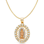 14K Gold CZ Religious Guadalupe Charm Pendant with 0.8mm Box Chain Necklace