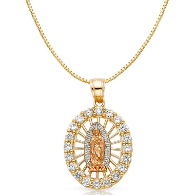 14K Gold CZ Religious Guadalupe Charm Pendant with 0.8mm Box Chain Necklace