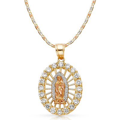 14K Gold CZ Guadalupe Charm Pendant with 3.3mm Valentino Star Diamond Cut Chain Necklace