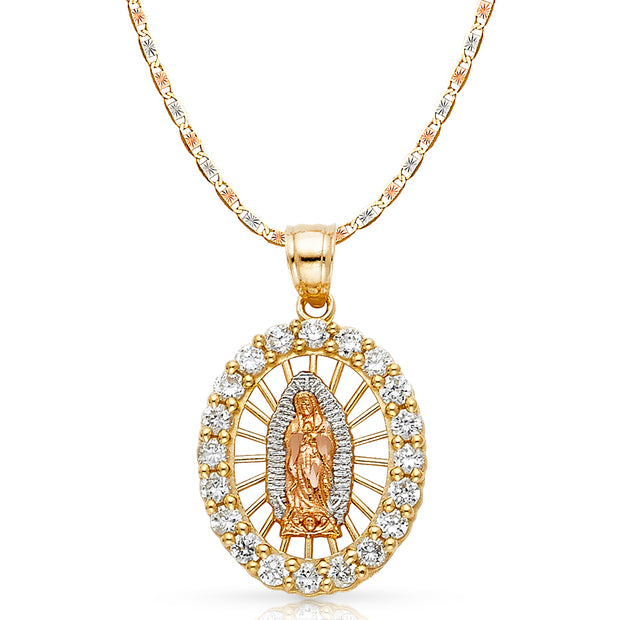 14K Gold CZ Guadalupe Charm Pendant with 3.3mm Valentino Star Diamond Cut Chain Necklace