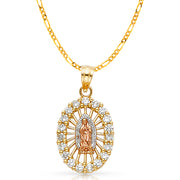 14K Gold CZ Guadalupe Charm Pendant with 2.3mm Figaro 3+1 Chain Necklace