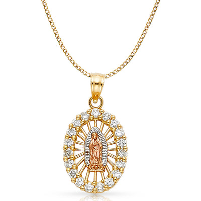 14K Gold CZ Guadalupe Charm Pendant with 3.4mm Hollow Cuban Chain Necklace