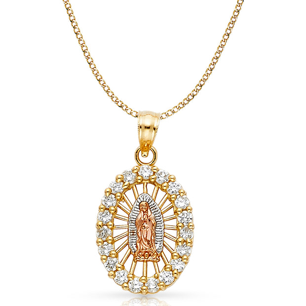 14K Gold CZ Guadalupe Charm Pendant with 3.4mm Hollow Cuban Chain Necklace