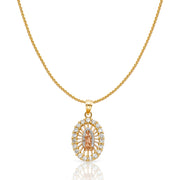 14K Gold CZ Guadalupe Charm Pendant with 0.9mm Wheat Chain Necklace