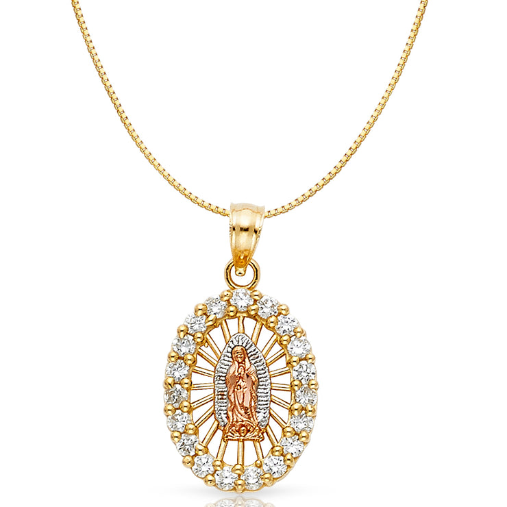 14K Gold CZ Religious Guadalupe Charm Pendant with 0.8mm Box Chain Necklace