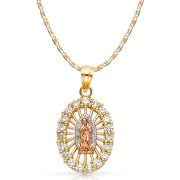 14K Gold CZ Guadalupe Charm Pendant with 3.3mm Valentino Star Diamond Cut Chain Necklace