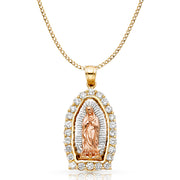 14K Gold CZ Guadalupe Charm Pendant with 3.4mm Hollow Cuban Chain Necklace