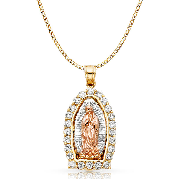 14K Gold CZ Guadalupe Charm Pendant with 3.4mm Hollow Cuban Chain Necklace