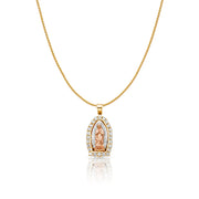 14K Gold CZ Guadalupe Charm Pendant with 0.9mm Wheat Chain Necklace