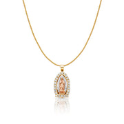 14K Gold CZ Guadalupe Charm Pendant with 0.9mm Wheat Chain Necklace