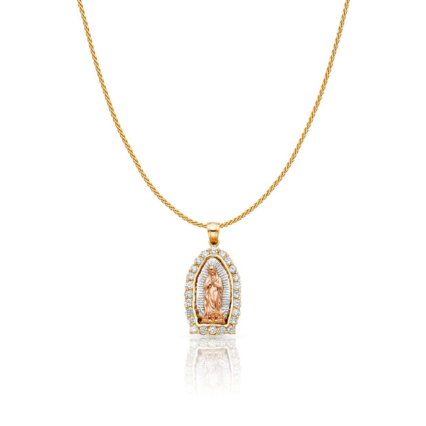 14K Gold CZ Guadalupe Charm Pendant with 0.9mm Wheat Chain Necklace