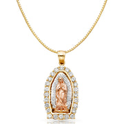 14K Gold CZ Religious Guadalupe Charm Pendant with 0.8mm Box Chain Necklace