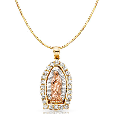 14K Gold CZ Religious Guadalupe Charm Pendant with 0.8mm Box Chain Necklace