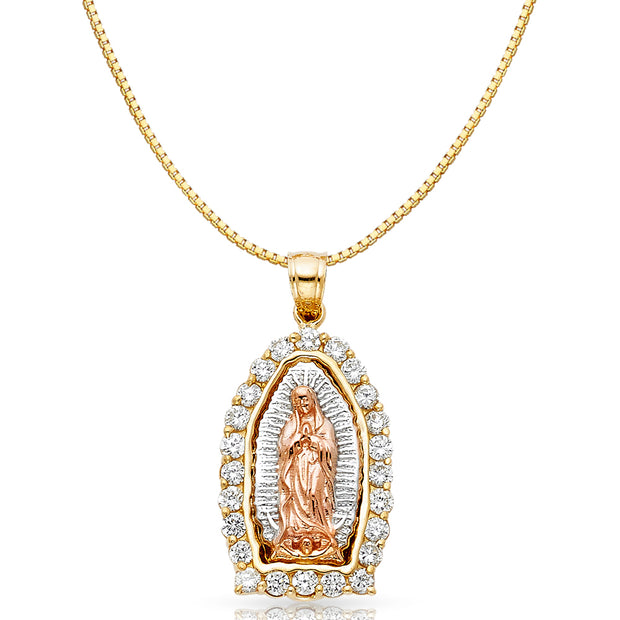 14K Gold CZ Religious Guadalupe Charm Pendant with 0.8mm Box Chain Necklace