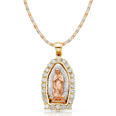 14K Gold CZ Guadalupe Charm Pendant with 3.3mm Valentino Star Diamond Cut Chain Necklace