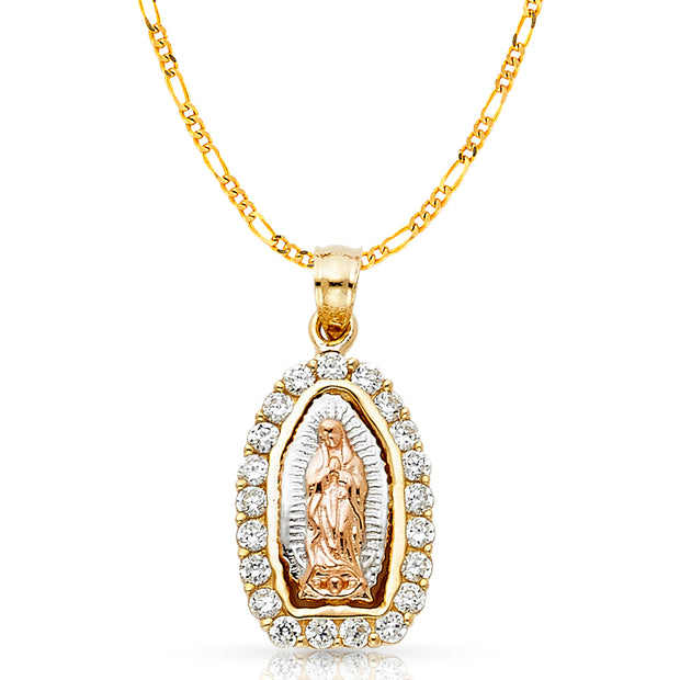 14K Gold CZ Guadalupe Charm Pendant with 2.3mm Figaro 3+1 Chain Necklace