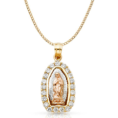 14K Gold CZ Guadalupe Charm Pendant with 3.4mm Hollow Cuban Chain Necklace