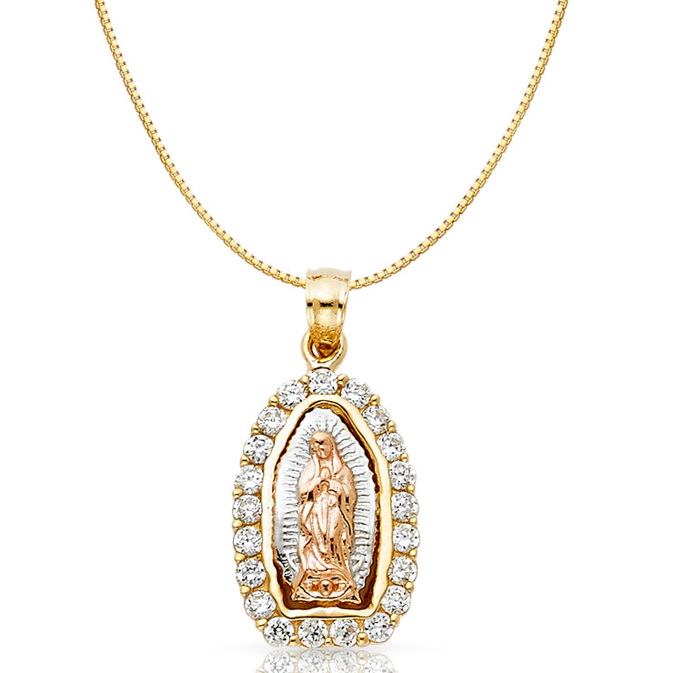 14K Gold CZ Religious Guadalupe Charm Pendant with 0.8mm Box Chain Necklace