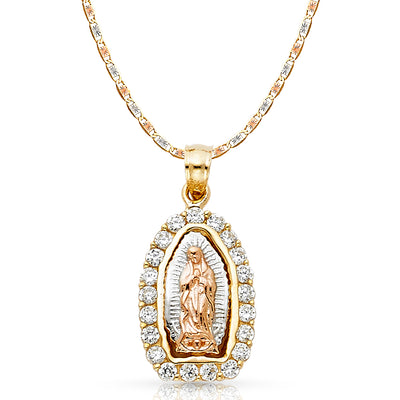 14K Gold CZ Guadalupe Charm Pendant with 3.3mm Valentino Star Diamond Cut Chain Necklace