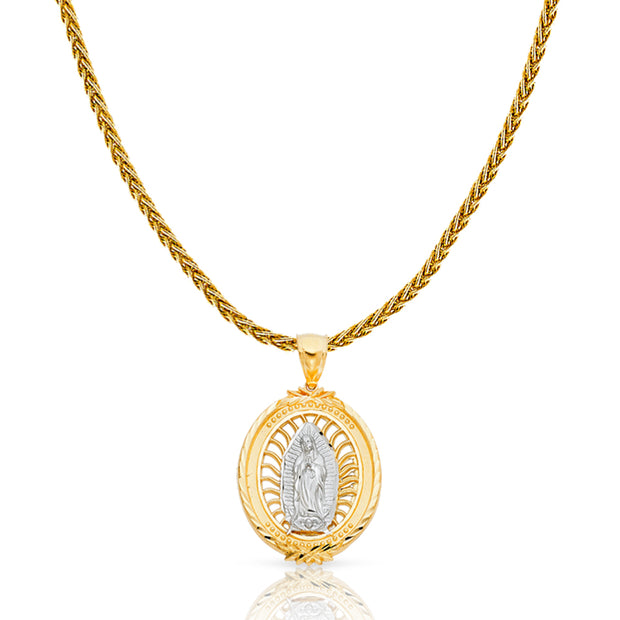 14K Gold Guadalupe Charm Pendant with 1.4mm Round Wheat Chain Necklace