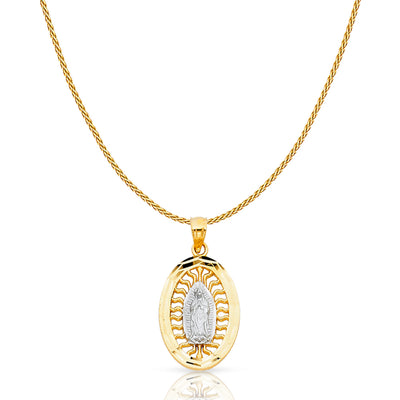 14K Gold Guadalupe Charm Pendant with 0.9mm Wheat Chain Necklace