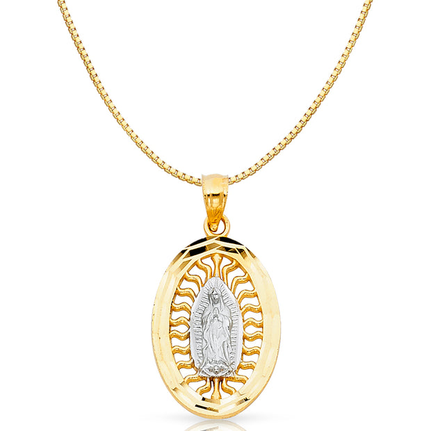 14K Gold Religious Guadalupe Charm Pendant with 0.8mm Box Chain Necklace