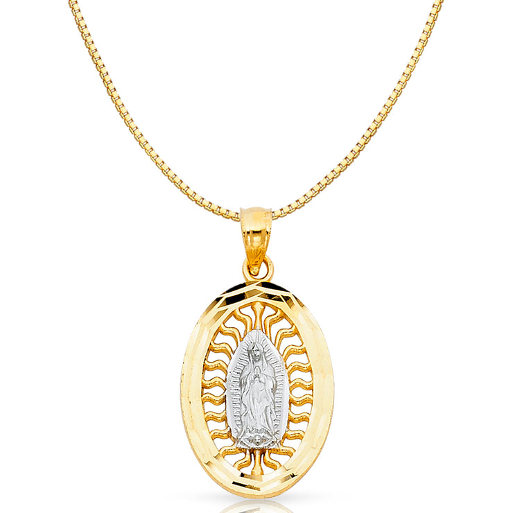 14K Gold Religious Guadalupe Charm Pendant with 0.8mm Box Chain Necklace