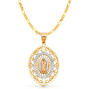 14K Gold Guadalupe Charm Pendant with 3.1mm Figaro 3+1 Chain Necklace