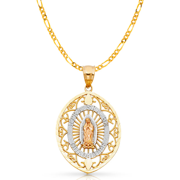 14K Gold Guadalupe Charm Pendant with 3.1mm Figaro 3+1 Chain Necklace