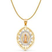 14K Gold Guadalupe Charm Pendant with 1.7mm Flat Open Wheat Chain Necklace