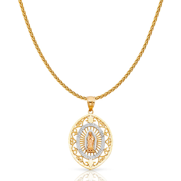 14K Gold Guadalupe Charm Pendant with 1.1mm Wheat Chain Necklace