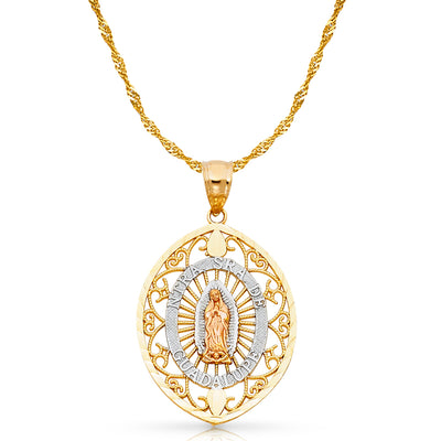 14K Gold Guadalupe Charm Pendant with 1.8mm Singapore Chain Necklace