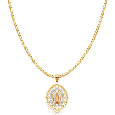 14K Gold Religious Guadalupe Charm Pendant with 1.2mm Box Chain Necklace