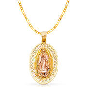 14K Gold Guadalupe Charm Pendant with 3.1mm Figaro 3+1 Chain Necklace