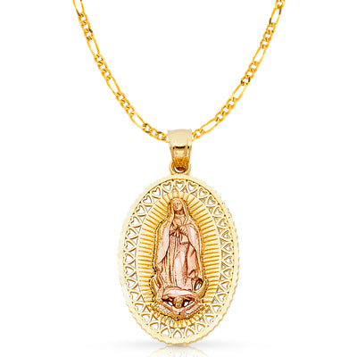 14K Gold Guadalupe Charm Pendant with 3.1mm Figaro 3+1 Chain Necklace