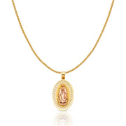 14K Gold Guadalupe Charm Pendant with 0.9mm Wheat Chain Necklace