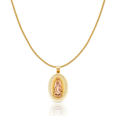 14K Gold Guadalupe Charm Pendant with 0.9mm Wheat Chain Necklace