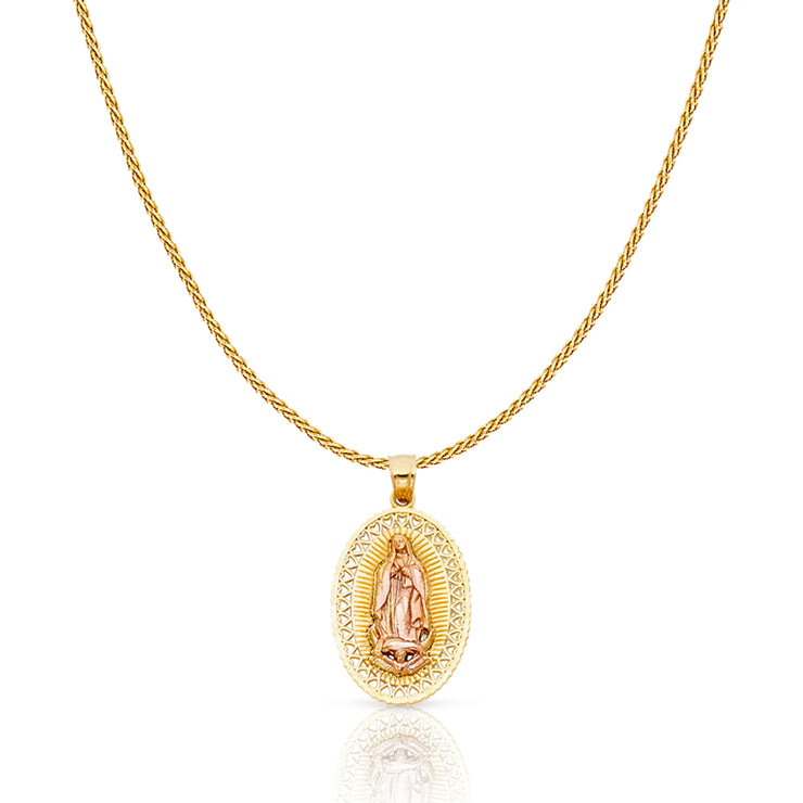 14K Gold Guadalupe Charm Pendant with 0.9mm Wheat Chain Necklace