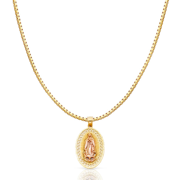 14K Gold Religious Guadalupe Charm Pendant with 1.2mm Box Chain Necklace