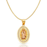 14K Gold Religious Guadalupe Charm Pendant with 0.8mm Box Chain Necklace