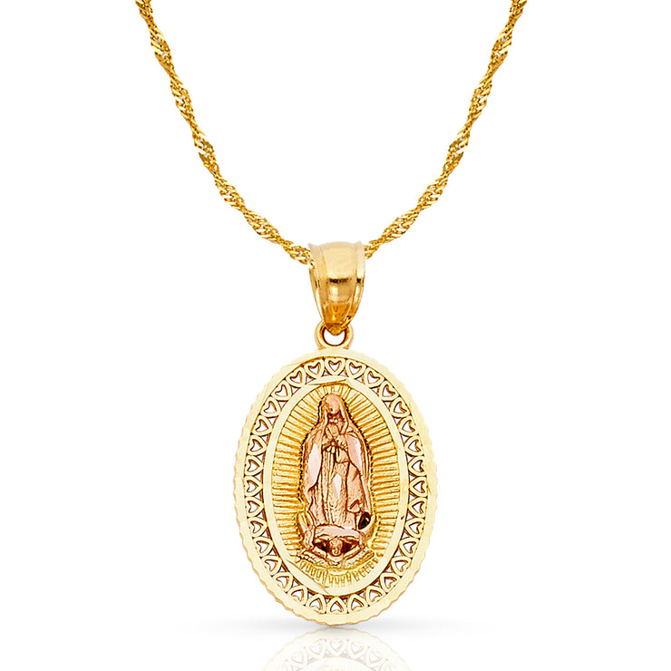 14K Gold Guadalupe Charm Pendant with 1.8mm Singapore Chain Necklace