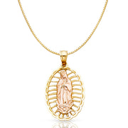 14K Gold Religious Guadalupe Charm Pendant with 0.8mm Box Chain Necklace