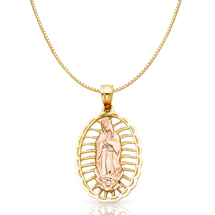 14K Gold Religious Guadalupe Charm Pendant with 0.8mm Box Chain Necklace