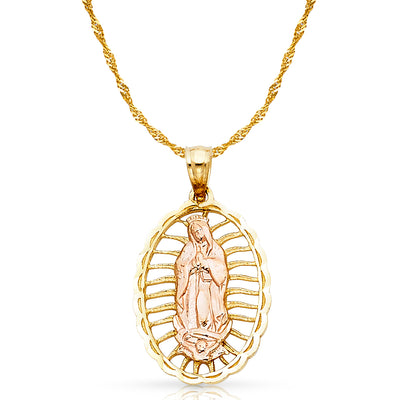 14K Gold Guadalupe Charm Pendant with 1.8mm Singapore Chain Necklace