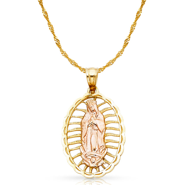 14K Gold Guadalupe Charm Pendant with 1.8mm Singapore Chain Necklace