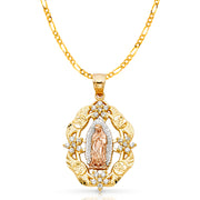 14K Gold CZ Guadalupe Charm Pendant with 3.1mm Figaro 3+1 Chain Necklace