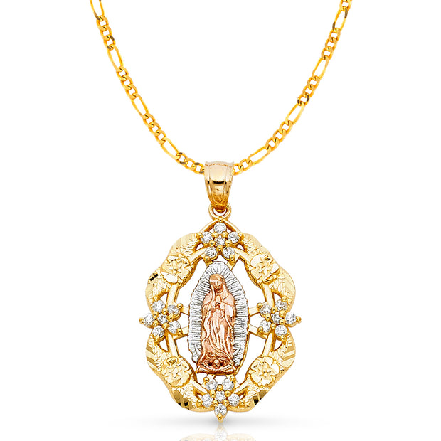 14K Gold CZ Guadalupe Charm Pendant with 3.1mm Figaro 3+1 Chain Necklace